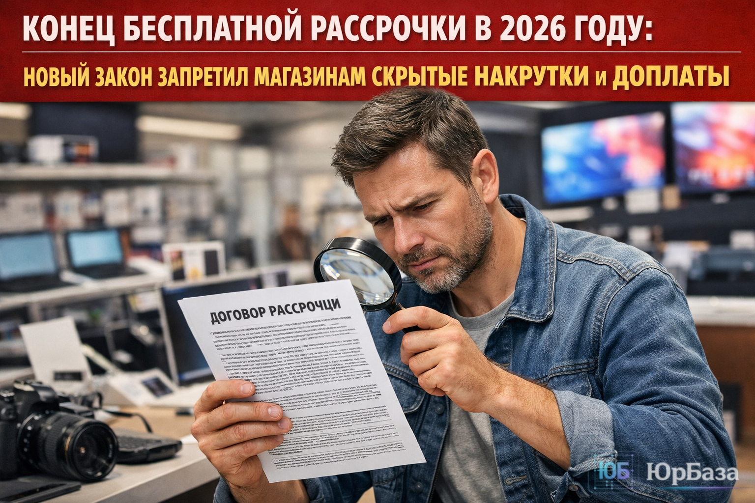 Покупатель изучает договор рассрочки с лупой в магазине электроники 2026