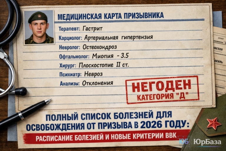 Медицинская карта призывника с результатами обследований и отметкой категории годности в 2026 году.