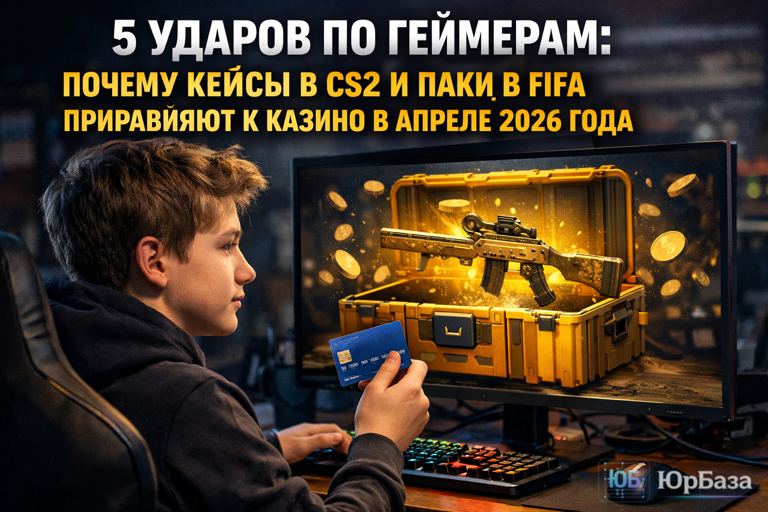 Подросток с банковской картой перед монитором с открытым кейсом в игре.